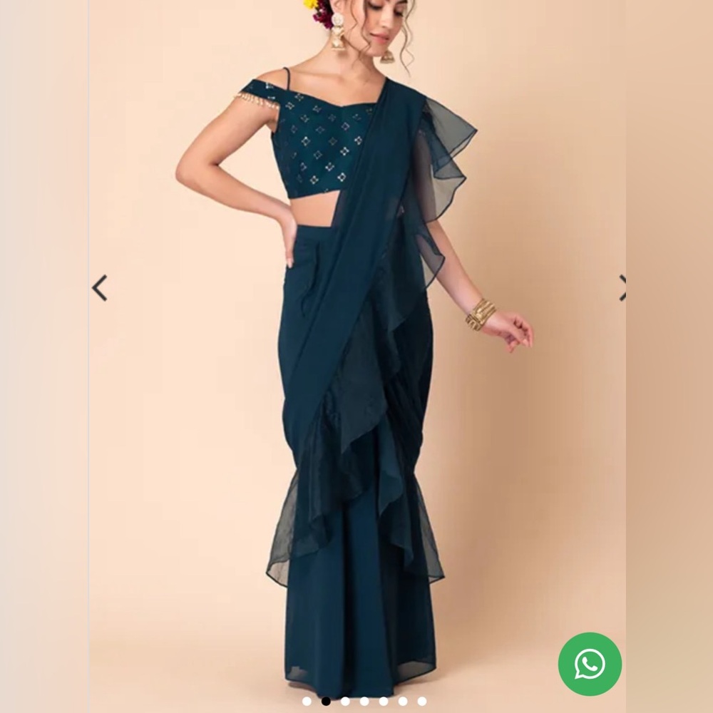 Teal Ruffle Prestiched Indian Saree